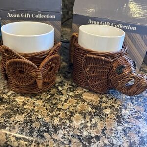 Vintage Avon Gift Collection Wicker Mug Holder Owl & Elephant MidCentry